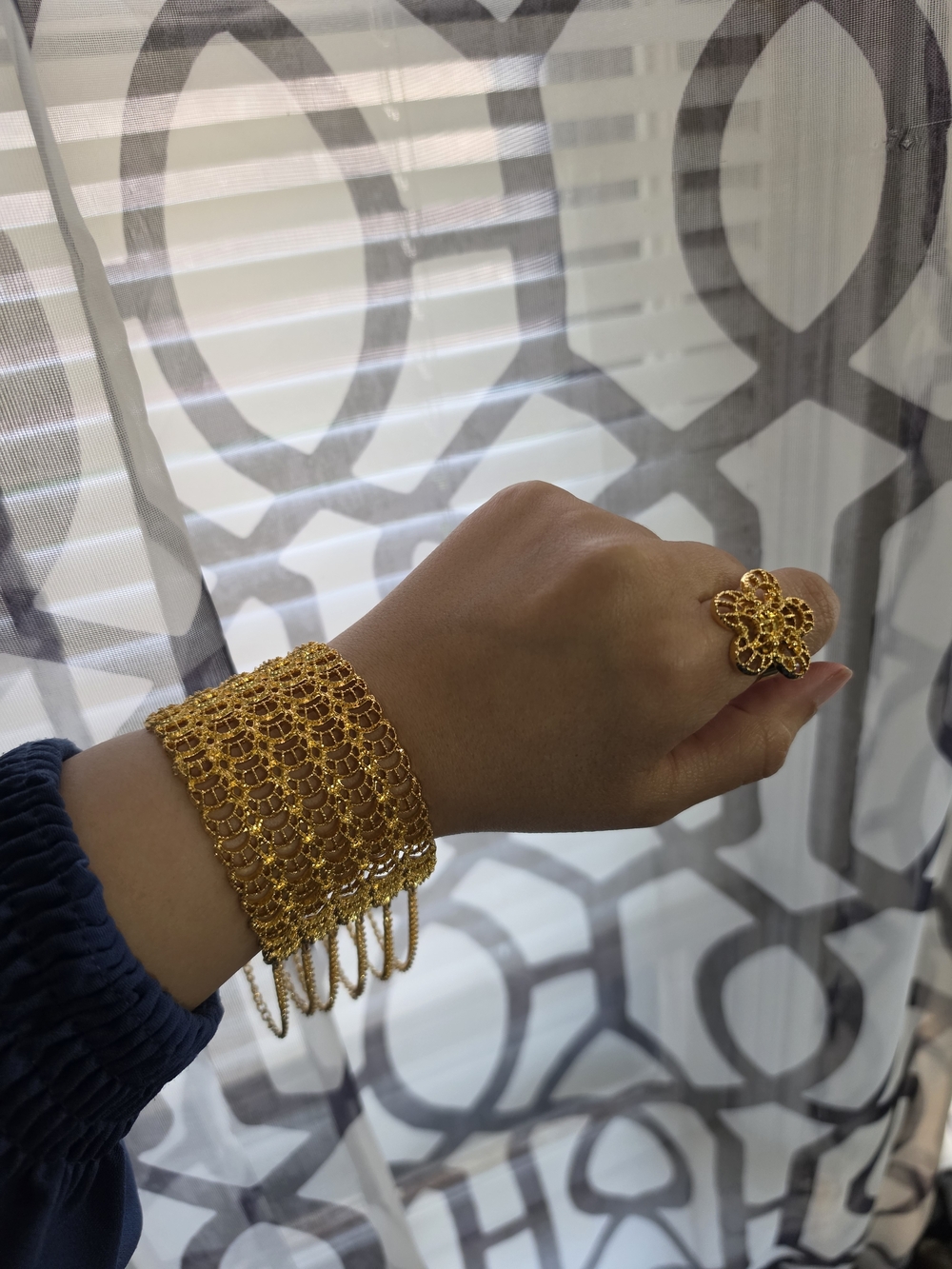 21k Gold Plated Filigree Cuff Bracelet and Flower Ring Set - Women Jewelry